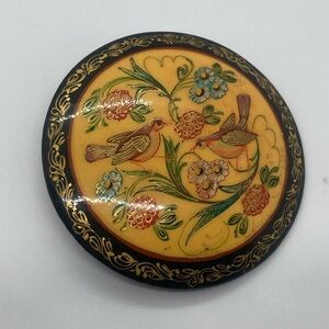 Vtg Russian Black Laquer on Wood Handpainted  Floral Bird Art Brooch | 2”